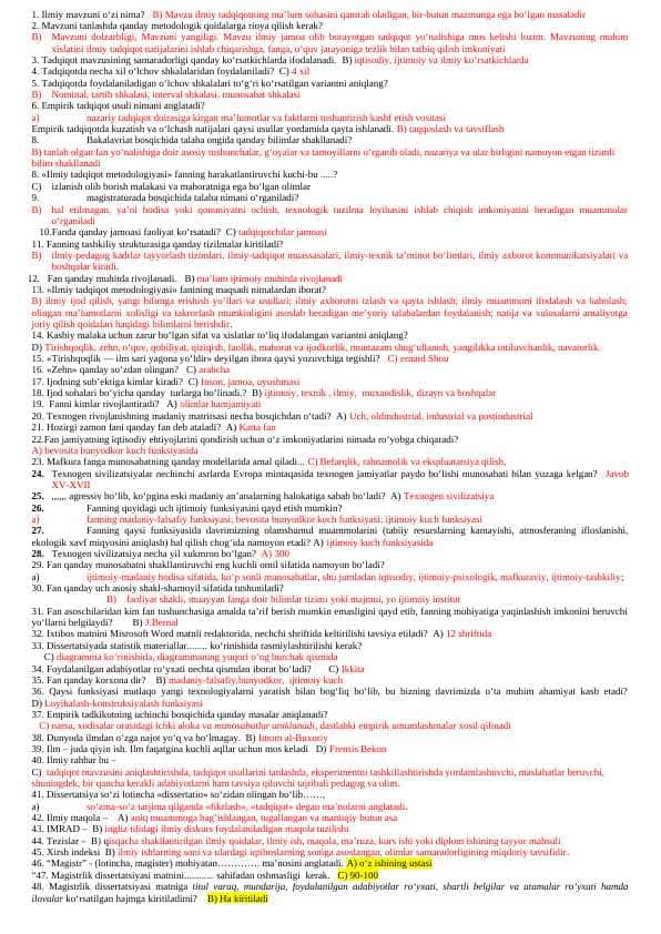 Ilmiy tadqiqot metadologiyasi 100 ta test javobi bilan YAKUNIY UCHUN