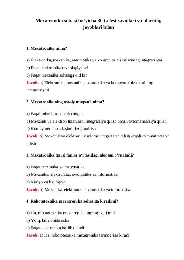 Mexatronika sohasi boʻyicha 30 ta test savollari va ularning javoblari bilan