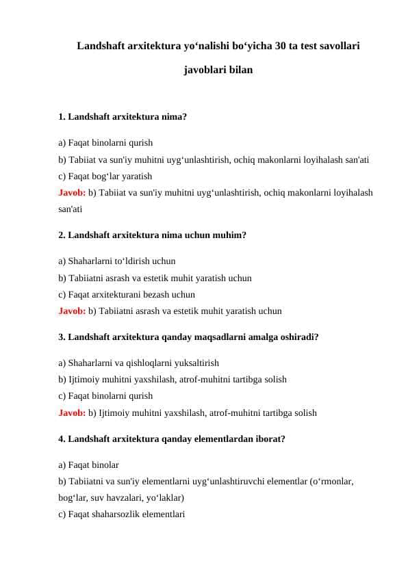 Landshaft arxitektura yoʻnalishi boʻyicha 30 ta test savollari javoblari bilan