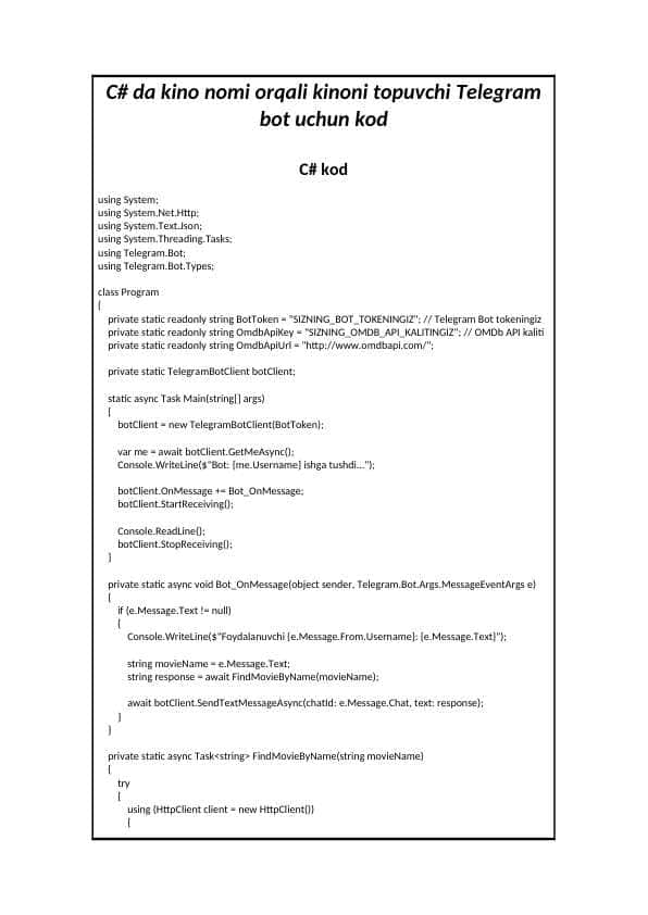 C# da kino nomi orqali kinoni topuvchi Telegram bot uchun kode