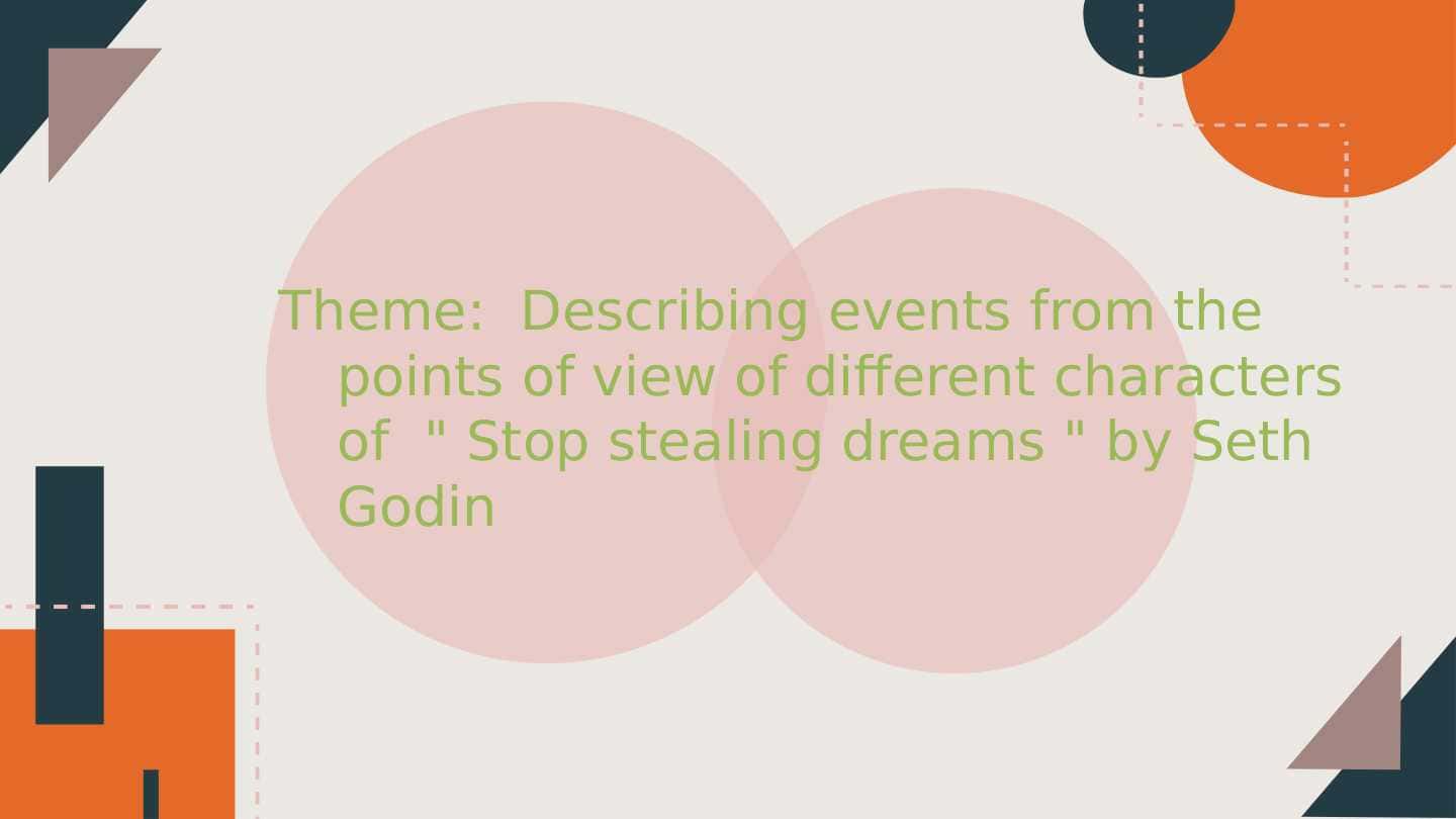 Describing events from the points of view of different characters of " Stop stealing dreams " by Seth Godin