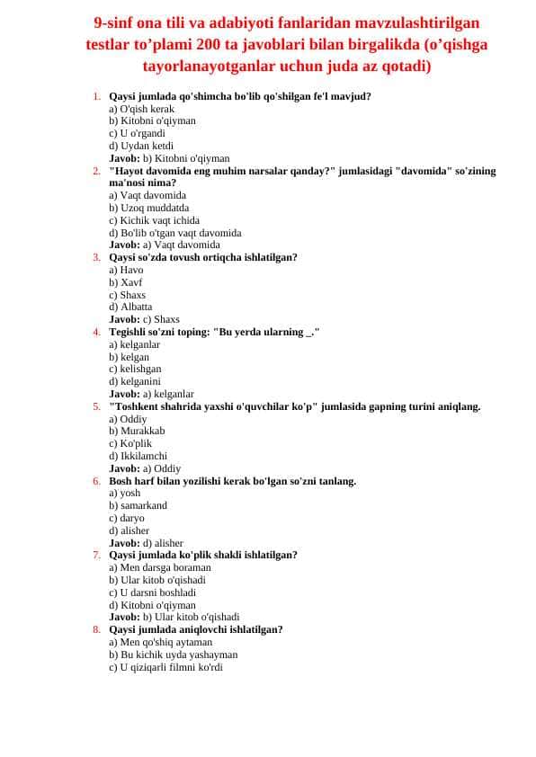9-sinf ona tili va adabiyot fanidan aralash testlar to'plami 200 ta javoblari bilan.