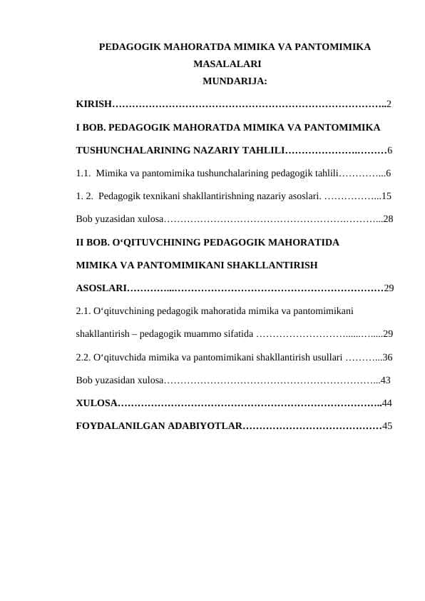 PEDAGOGIK MAHORATDA MIMIKA VA PANTOMIMIKA MASALALARI. KURS ISHI