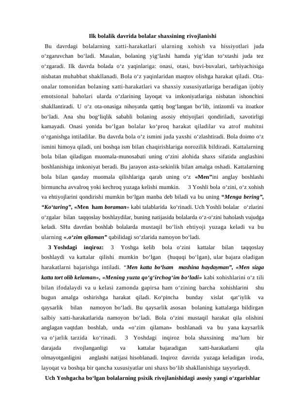 Ilk bolalik davrida bolalar shaxsining rivojlanishi