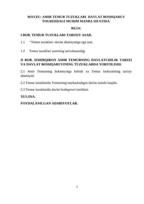 AMIR TEMUR TUZUKLARI DAVLAT BOSHQARUV TOGRISIDAGI MUHIM MANBA SIFATIDA.