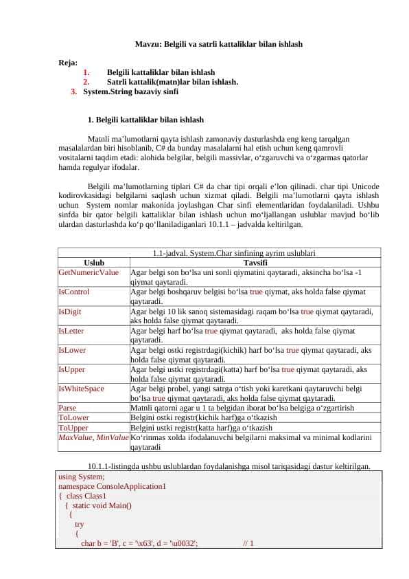 Belgili va satrli kattaliklar bilan ishlash