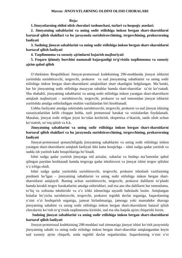 JINOYATLARNING OLDINI OLISH CHORALARI