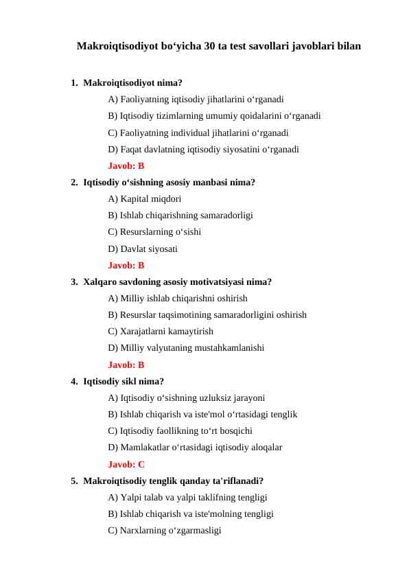 Makroiqtisodiyot boʻyicha 30 ta test savollari javoblari bilan