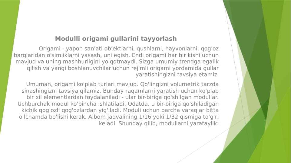 Modulli origami gullarini tayyorlash