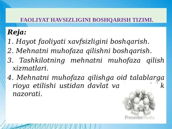 XAYOT FAOLIYAT HAVSIZLIGINI BOSHQARISH TIZIMI PPTX