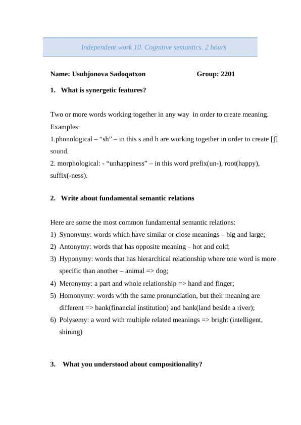 cognitive semantics independent work 10 / kognitiv semantika mustaqil ish 10
