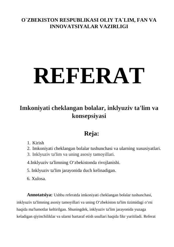 Imkoniyati cheklangan bolalar, inklyuziv ta'lim va konsepsiyasi