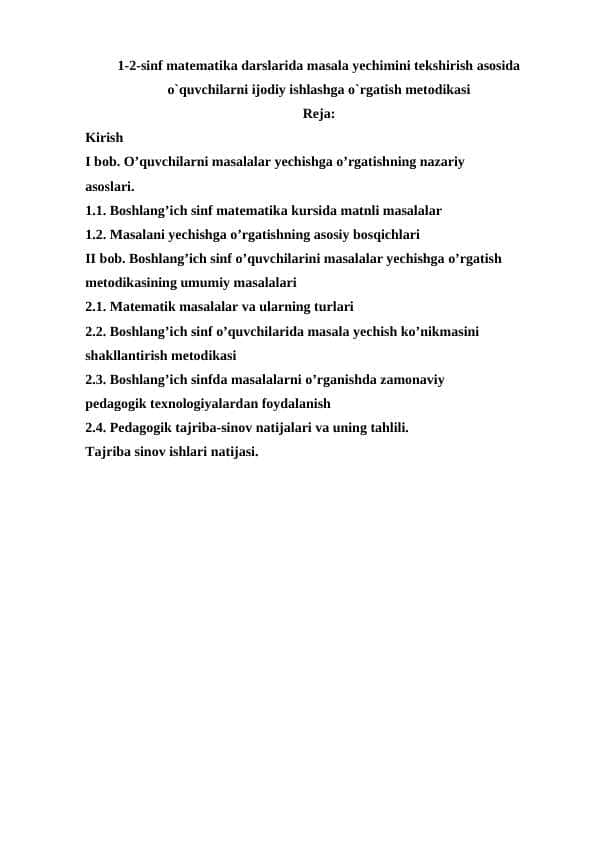 1-2-sinf matematika darslarida masala yechimini tekshirish asosi