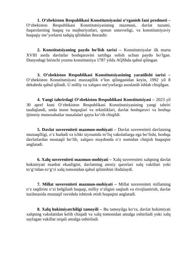 O'ZBEKISTON RESPUBLIKASI YANGI TAHRIRDAGI KONSTUTSIYASIGA OID 25 TA SAVOL VA JAVOB