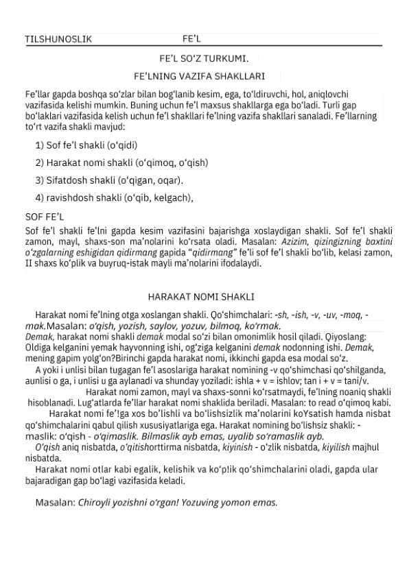 Fe'l soʻz turkumi boʻyicha qoʻllanma