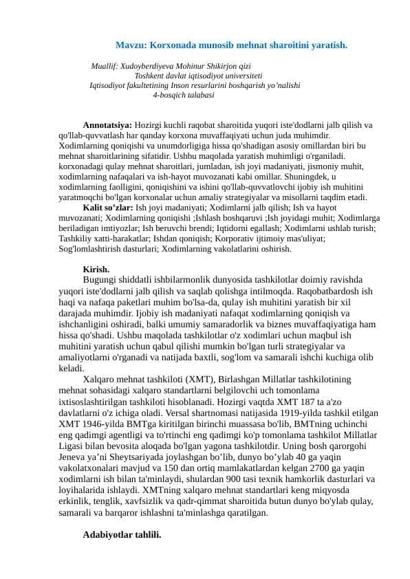 Korxonada munosib mehnat sharoitini yaratish.