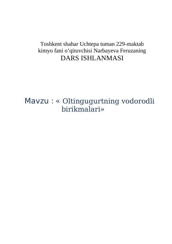 _Oltingugurtning vodorodli birikmalari_ mavzusida dars ishlanma, 8-sinf