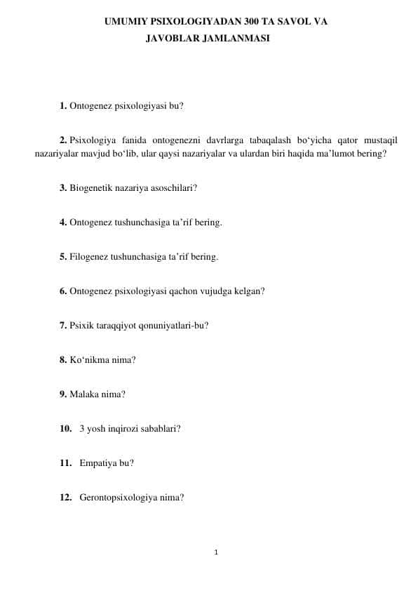 Umumiy psixologiyadan 300ta savol
