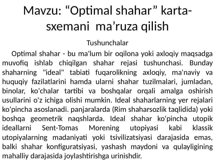 Optimal shahar” karta-sxemani ma’ruza qilish