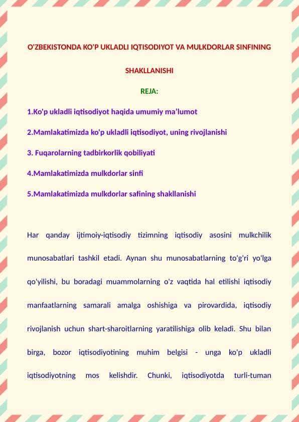 O'zbekistonda ko'p ukladli iqtisodiyot va mulkdorlar sinfining shakllanishi
