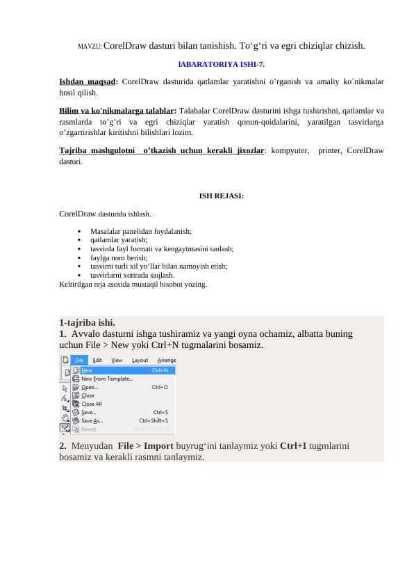 CorelDraw dasturi bilan tanishish. To‘g‘ri va egri chiziqlar chizish