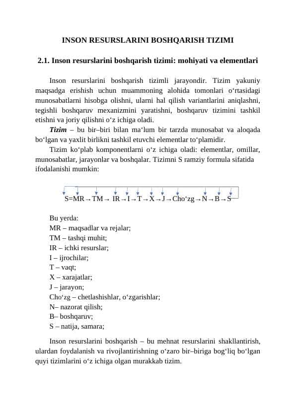 Inson resurslarini boshqarish tizimi: mohiyati va elementlari