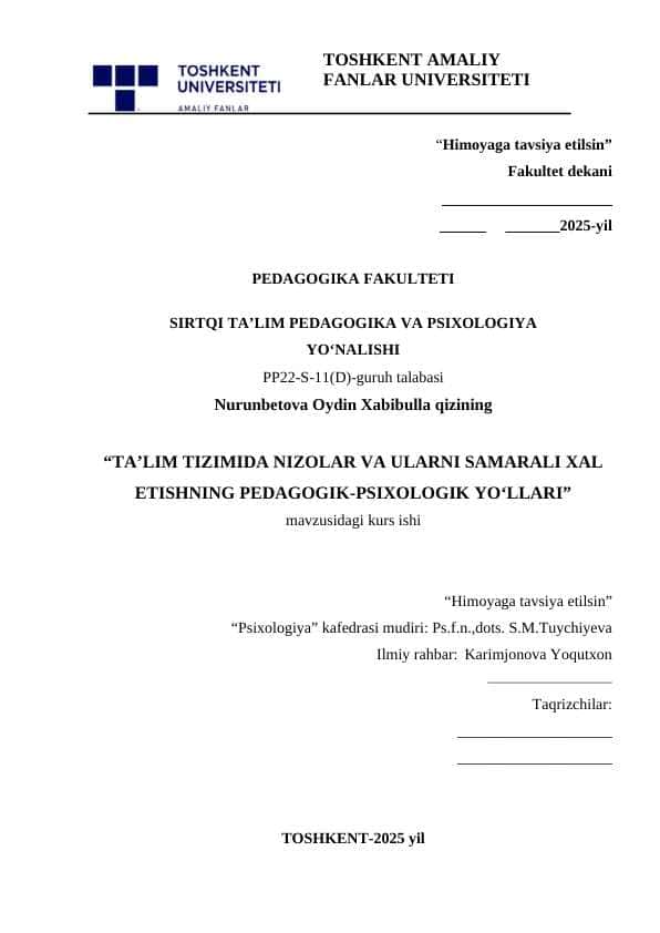 Ta'lim tizimida nizolar va ularni samarali xal etishning pedagogik-psixologik yo'llari