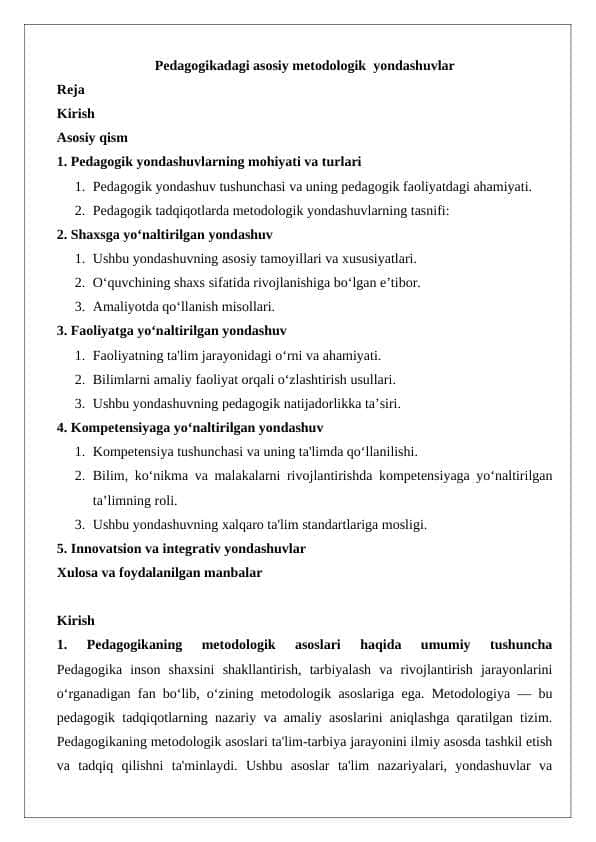 Pedagogikadagi asosiy metodologik yondashuvlar