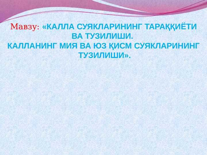 КАЛЛА СУЯКЛАРИНИНГ ТАРАҚҚИЁТИ ВА ТУЗИЛИШИ. КАЛЛАНИНГ МИЯ ВА ЮЗ ҚИСМ СУЯКЛАРИНИНГ ТУЗИЛИШИ