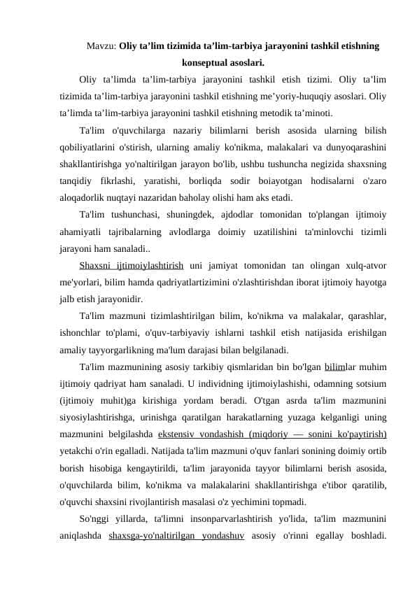 Oliy taʼlim tizimida taʼlim-tarbiya jarayonini tashkil etishning konseptual asoslari