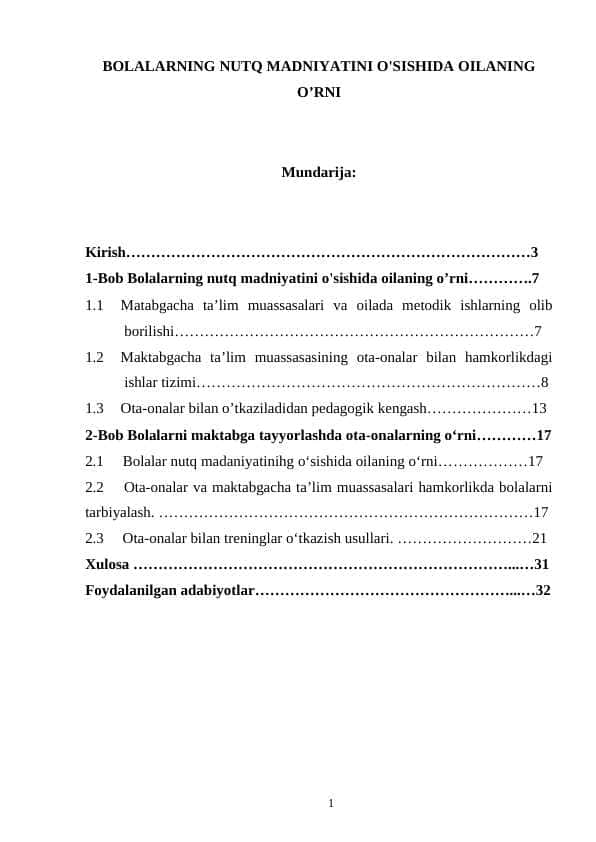 BOLALARNING NUTQ MADNIYATINI O'SISHIDA OILANING O’RNI