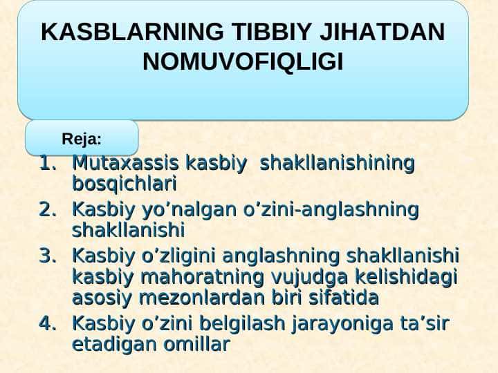 KASBLARNING TIBBIY JIHATDAN NOMUVOFIQLIGI