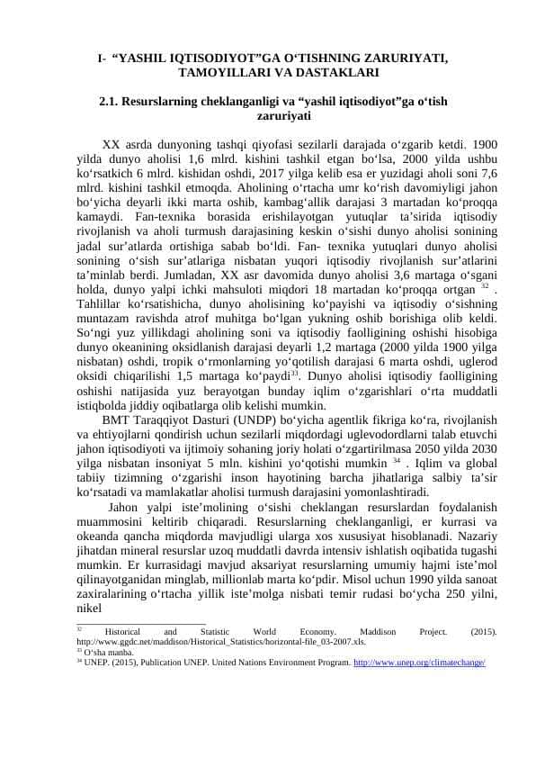 I- “YASHIL IQTISODIYOT”GA O‘TISHNING ZARURIYATI, TAMOYILLARI VA DASTAKLARI