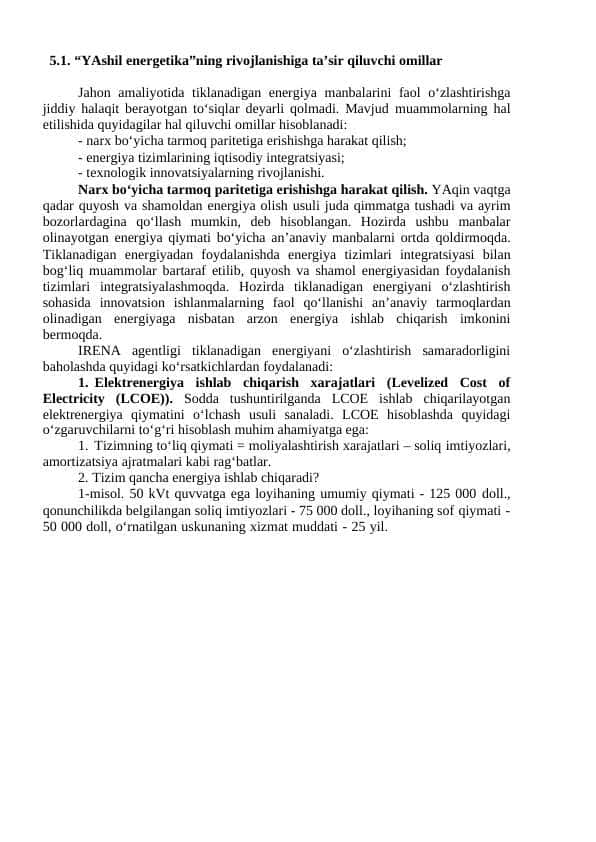 “YAshil energetika”ning rivojlanishiga ta’sir qiluvchi omillar
