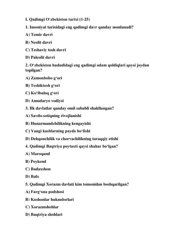 Tarix fanidan test savollari