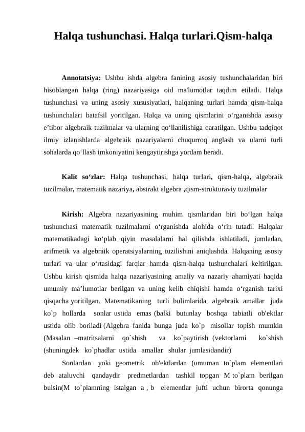 Halqa tushunchasi. Halqa turlari.Qism-halqa