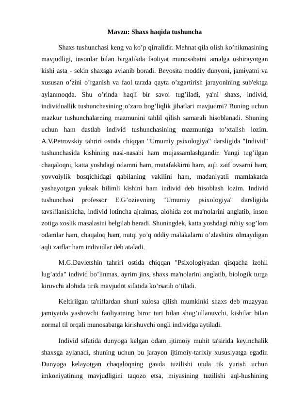 Shaxs haqida tushuncha konspekt