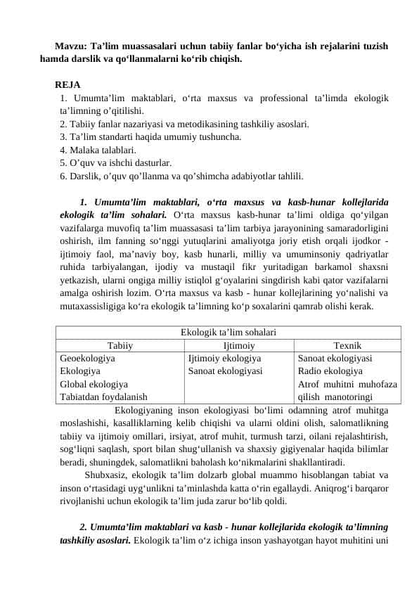 Ta’lim muassasalari uchun tabiiy fanlar bo‘yicha ish rejalarini tuzish hamda darslik va qo‘llanmalarni ko‘rib chiqish
