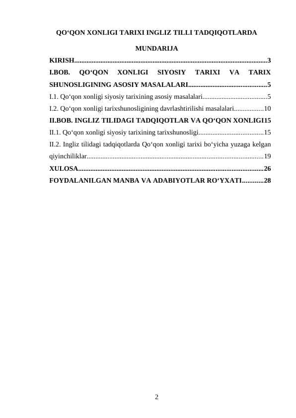 QO‘QON XONLIGI TARIXI INGLIZ TILLI TADQIQOTLARDA kurs ishi