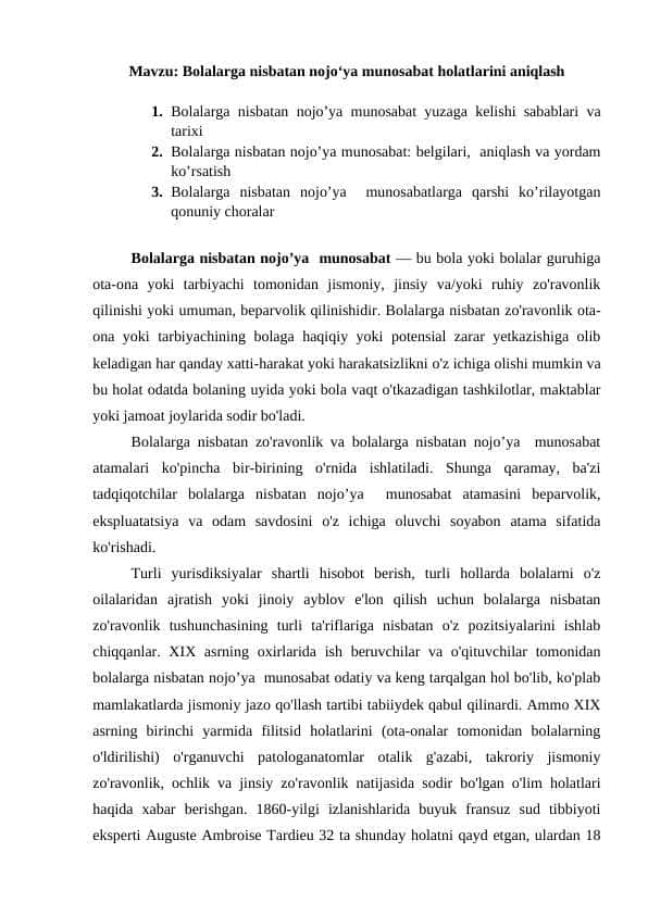 Bolalarga nisbatan ehtiyotsiz munosabatlarning ko’rinishlari va turlari