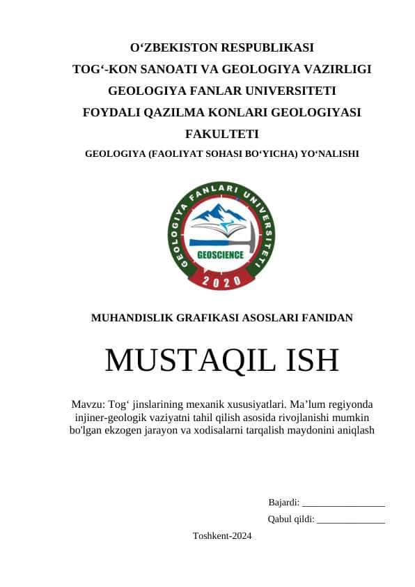 Tog‘ jinslarining mexanik xususiyatlari. Ma’lum regiyonda injiner-geologik vaziyatni tahil qilish asosida rivojlanishi mumkin bo'lgan ekzogen jarayon va xodisalarni tarqalish maydonini aniqlash