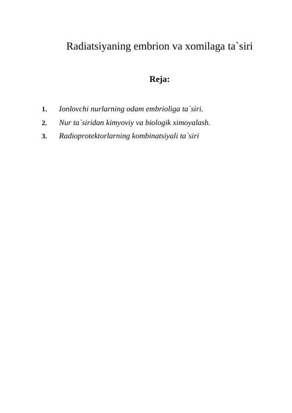Radiatsiyaning embrion va xomilaga ta`siri