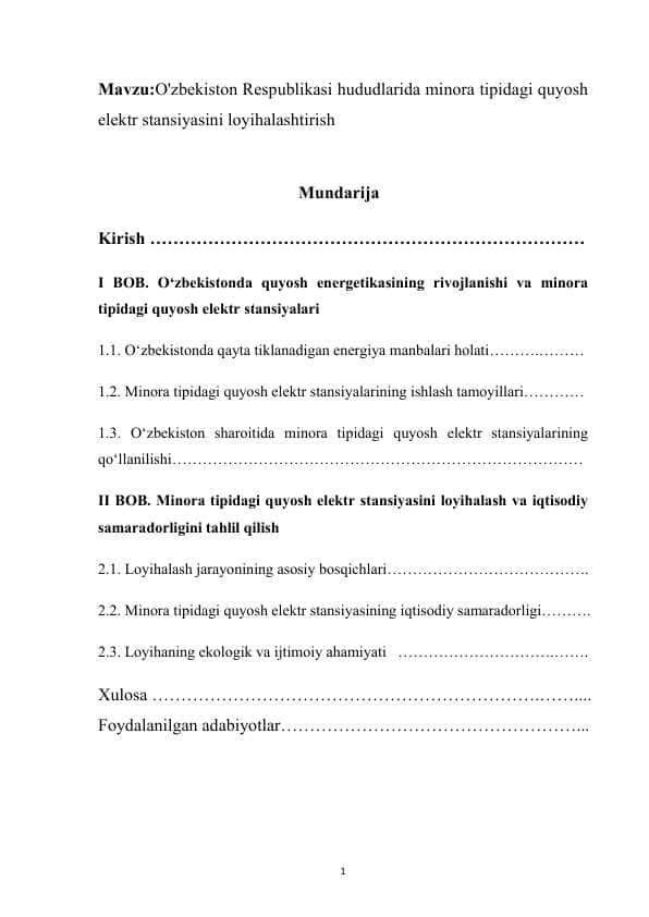 O'zbekiston Respublikasi hududlarida minora tipidagi quyosh elektr stansiyasini loyihalashtirish kurs ishi