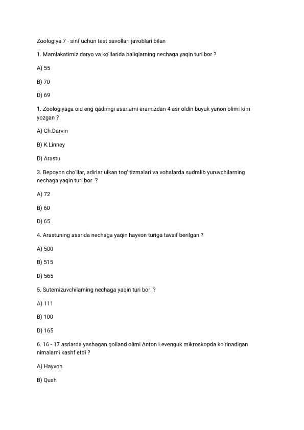 Zoologiya 7 sinf uchun test savollari javoblari bilan 30 ta test