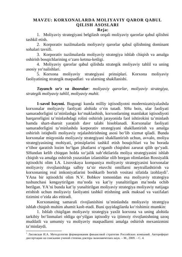 KORXONALARDA MOLIYAVIY QAROR QABUL QILISH ASOSLARI