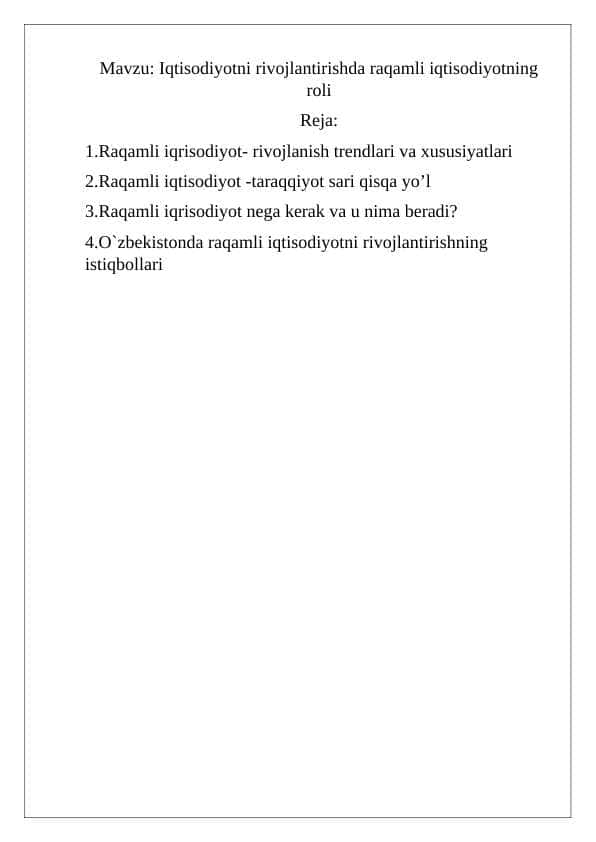 Iqtisodiyotni rivojlantirishda raqamli iqtisodiyotning roli
