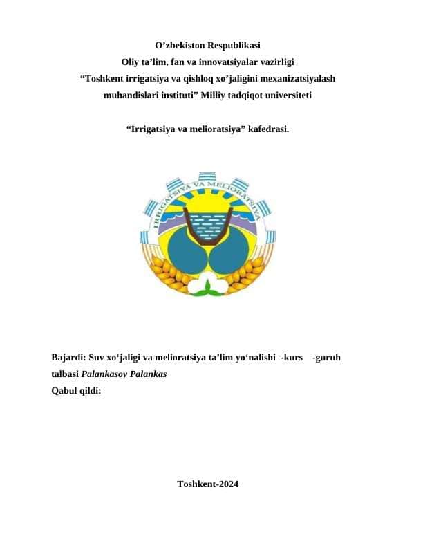 Zax qochirish tizimini namunaviy fermer xo‘jaligining sug‘oriladigan maydoni misolida loyihalash