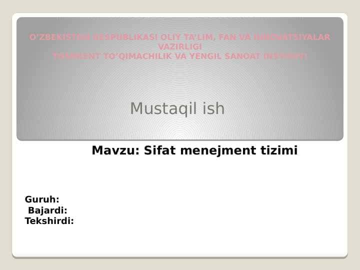 Sifat menejment tizimi modellari ISO standartlari modeli