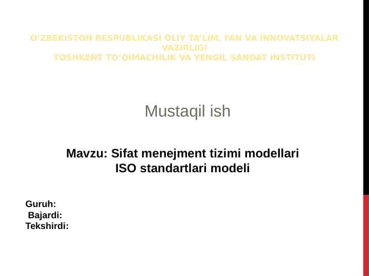 Sifat menejment tizimi modellari ISO standartlari modeli