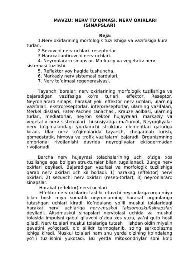 NERV TO’QIMASI. NERV OXIRLARI (SINAPSLAR)
